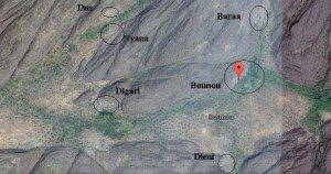 Zes van de zeven dorpen waar de Bangande wonen. Bounou is de grootste.